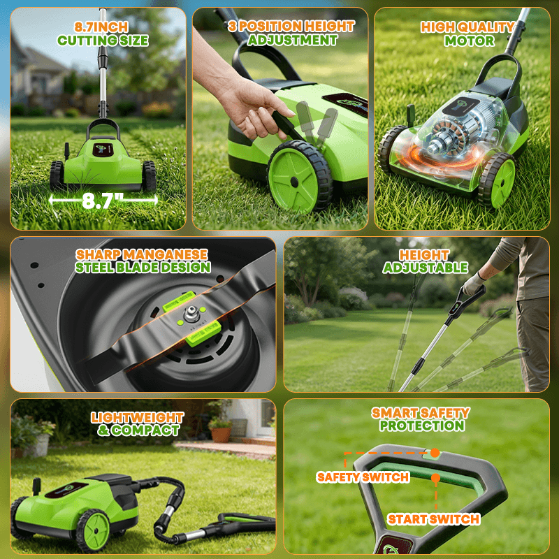 8.7-Inch Small Electric Lawn Mower for Yards & Gardens